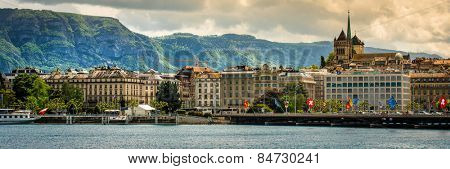 Geneve, Switzerland - 11 May 2014: panoramic  view of the modern embankment and the center of Geneva, Switzerland