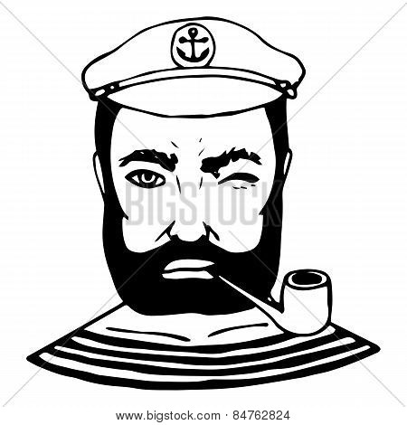 Hand-drawn Character Sailor. Black And White Doodle. Vector