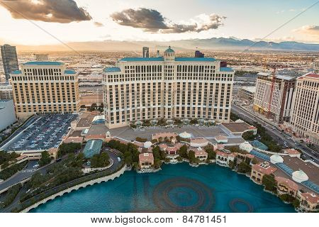 LAS VEGAS, USA - Feb 13, 2009 Bellagio Hotel Casino reflection in the water at sunset, Las Vegas,