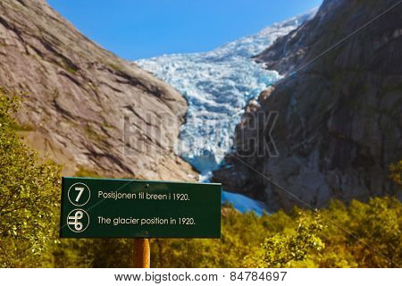 Sign - Melting Briksdal glacier - Norway - nature and travel background