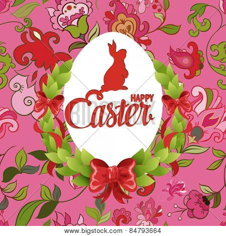 Happy Easter ornate lettering greeting card with floral background