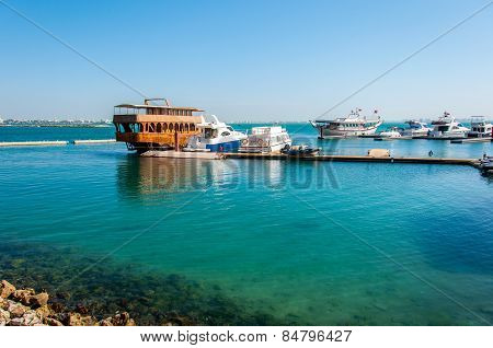 Boats Anchored In Bahrain On Persian Gulf