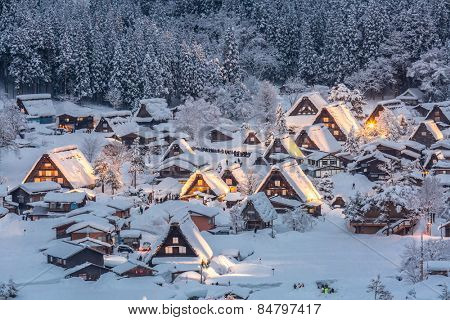 Shirakawago light-up with Snowfall Gifu Chubu Japan