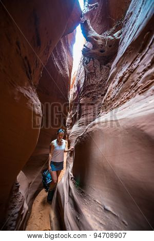 Girl Hiker Backpacker In Spooky Gulch Escalante Utah