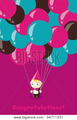 Young man holding a lot of colorful balloons