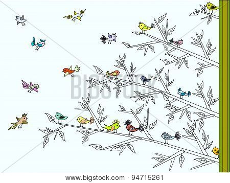 Tree with colorful cute birds