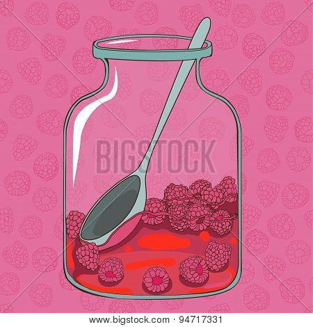 Red Raspberry Jam And Seamless Pattern Of Delicious Ripe Raspberries