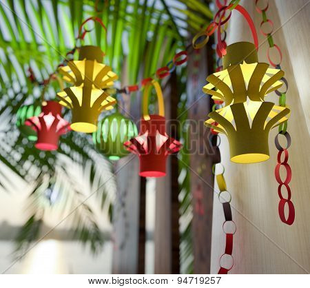 Decorations inside a Sukkah during the Jewish holiday celebration of Sukkoth