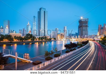 Tianjin Cityscape In Night Falls