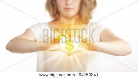 Hands creating a form with shining dollar sign in the center