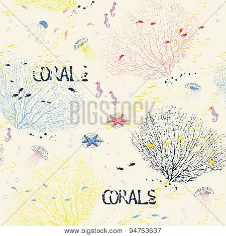 Seamless pattern with fan corals, jellyfish, sea horses and fish silhouettes