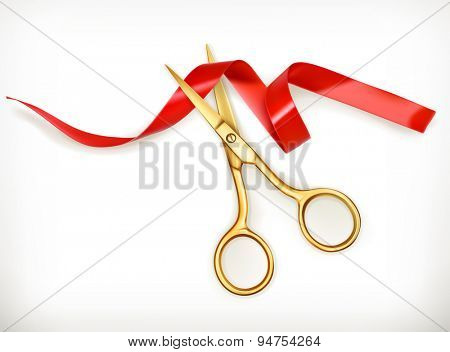 Golden scissors cut the red ribbon, vector object