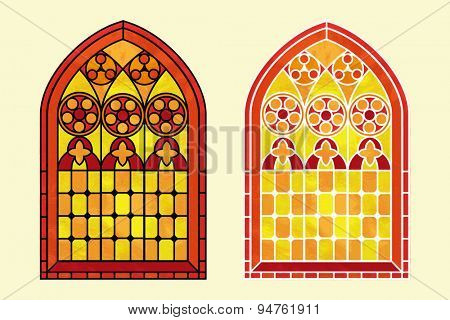 A Gothic Style stained glass window in warm tones of red, orange and yellow. Two options with black or white outline. EPS10 vector format