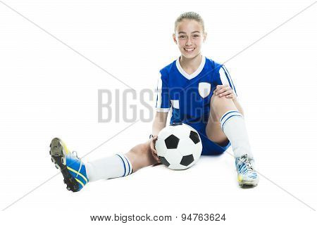girl in sport wear with football isolated on white background
