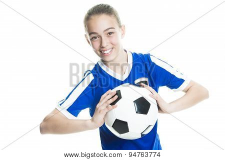 girl in sport wear with football isolated on white background