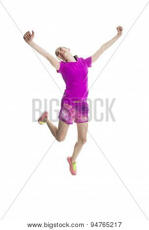 running young girl in sport cothes, white background