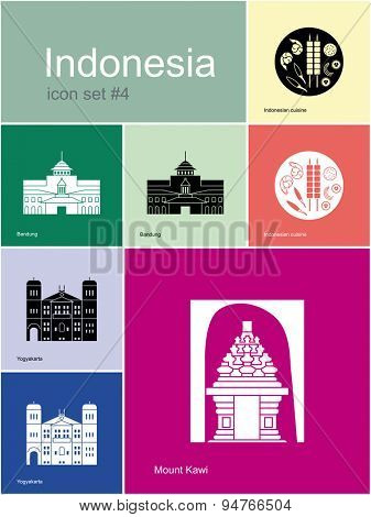 Landmarks of Indonesia. Set of color icons in Metro style. Raster illustration.