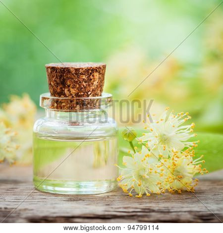 Bottle Of Essential Linden Oil And Yellow Lime Flowers.