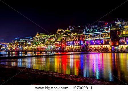 Fenghuang Downtown At Night, Xiangxi, China
