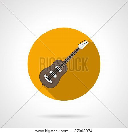Classical brown wooden acoustic guitar. Musical string instruments. Sign for music store, festivals, bands and other. Round yellow flat design vector icon.