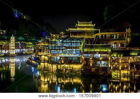 Fenghuang Downtown At Night, Xiangxi, China