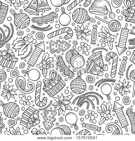 Cartoon cute hand drawn Xmass seamless pattern. Line art with lots of objects background. Endless funny vector illustration