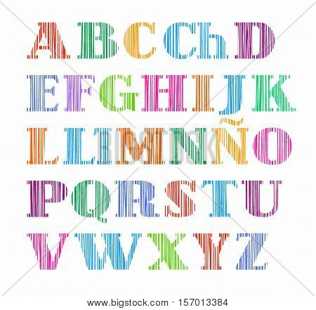 Spanish alphabet, capital letters, the vertical shading with colored pencil, imitation, vector. Vector colorful letters with serifs on a white background. Font, shading with colored pencil, imitation.