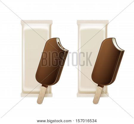 Vector Set of Bitten Popsicle Choc-ice Lollipop Ice Cream in Chocolate Glaze on Stick with Filling with White Plastic Foil Wrapper for Branding Package Design Close up Isolated on Background.