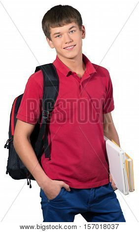 Teen male preppy holding laptop and school books