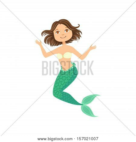 Short Brown Hair Mermaid In White Swimsuit Top Bra Fairy-Tale Fantastic Creature Illustration. Cute Fantasy Siren With Green Fish Tail And Long Hair Cartoon Vector Character Swimming Underwater.