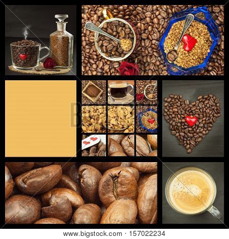 We love coffee. Coffee Collage. Advertising for the sale of coffee. Detailed views of different types of coffee. Decorate store coffee.
