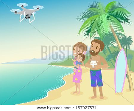 Family woman man mother father and kid child son on seashore with palm and serfboard vacation launch drone quadrocopter to take photo of video from holidays vector art.