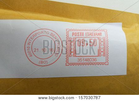 INTERPORTO BENTIVOGLIO BOLOGNA ITALY - CIRCA OCTOBER 2016: letter envelope with red ink postage meter from Italy