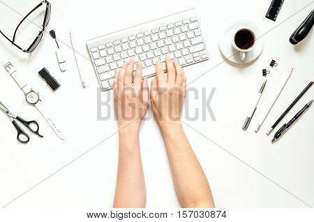Minimal workspace with keyboard, black and white