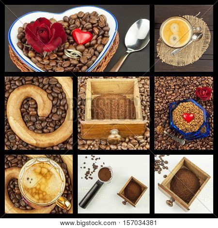 We love coffee. Coffee Collage. Advertising for the sale of coffee. Detailed views of different types of coffee. Decorate store coffee.