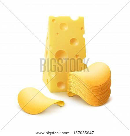 Vector Potato Crispy Chips Stack with Cheese Close up Isolated on White Background