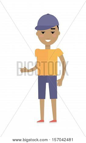 Young european man in yellow t-shirt and blue breeches and cap. Caucasian handsome boy isolated on white. Attractive teenager gentleman in casual clothes. Part of series of people of the world. Vector