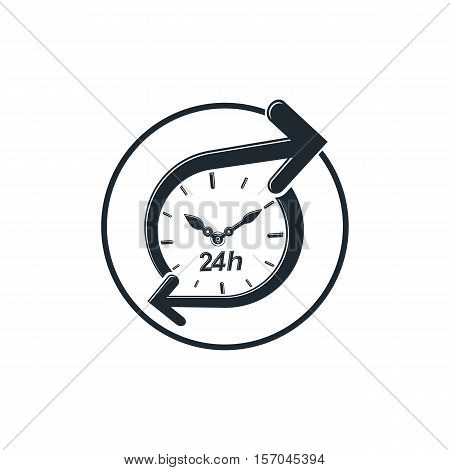 24 hours-a-day concept clock face with dial and an arrow around. Day-and-night interface icon for use in web design.