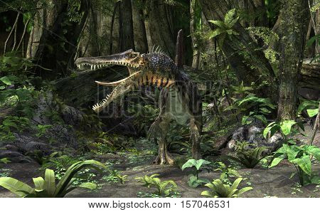 3D digital render of a dinosaur Spinosaurus in a green forest