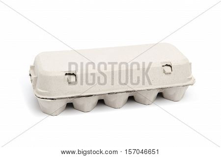 Egg carton of grey cardboard isolated on white background