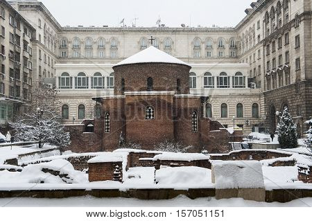 Rotunda Sveti Georgi or St George under snow in Sofia, Bulgaria