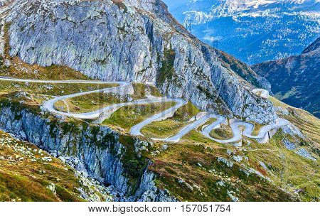 Serpentine road leading to the St. Gotthard pass in the Swiss Alps