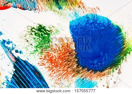 Abstract vibrant acrylic art background. Multicolor light and bright texture. Fragment of artwork. Spots of acrylic paint. Modern contemporary art.