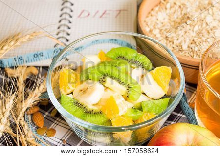 Fruit salad for diet in a glass bowl