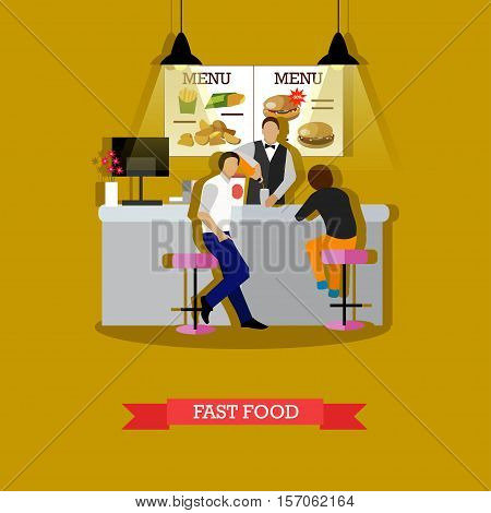 Fast food concept vector illustration in flat style. Man serving visitors young man and woman. Fast food restaurant interior.