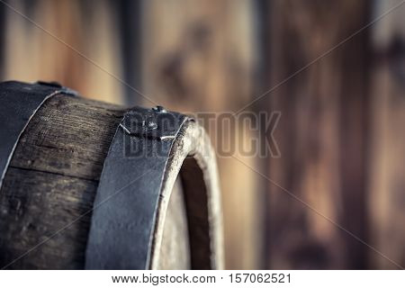 Wooden barel. Old wooden keg. Barel on beer vine whiskey brandy or cognac.