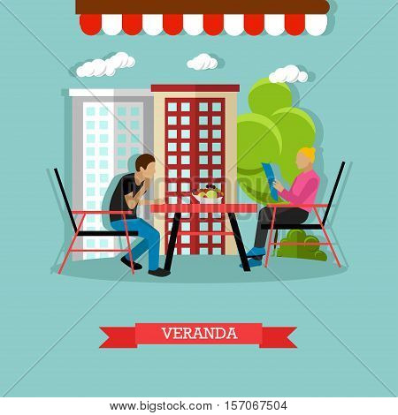 Street cafe concept vector illustration in flat style. Man and woman sitting at the table on veranda. Woman is reading menu.