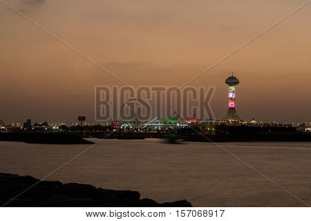 Marina Mall in Abu Dhabi in sunset time United Arab Emirates. Marina Mall Abu Dhabi Emirates shopping centre. Tower in Marina MAll.