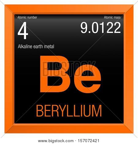 Beryllium symbol. Element number 4 of the Periodic Table of the Elements - Chemistry - Orange frame with black background