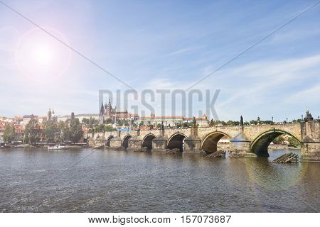 Prague , wiew of the Lesser Bridge Tower of Charles Bridge (Karluv Most) and Prague Castle, Czech Republic.